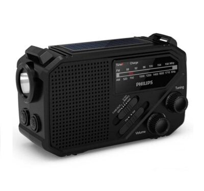 Philips TAR1609/00 Radio Portátil FM/AM con Linterna Integrada y Carga por USB-C, Solar o Manivela
